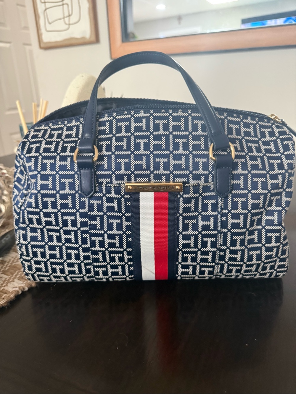 Tommy Hilfiger Navy Logo Duffel with Red-White-Blue Stripe